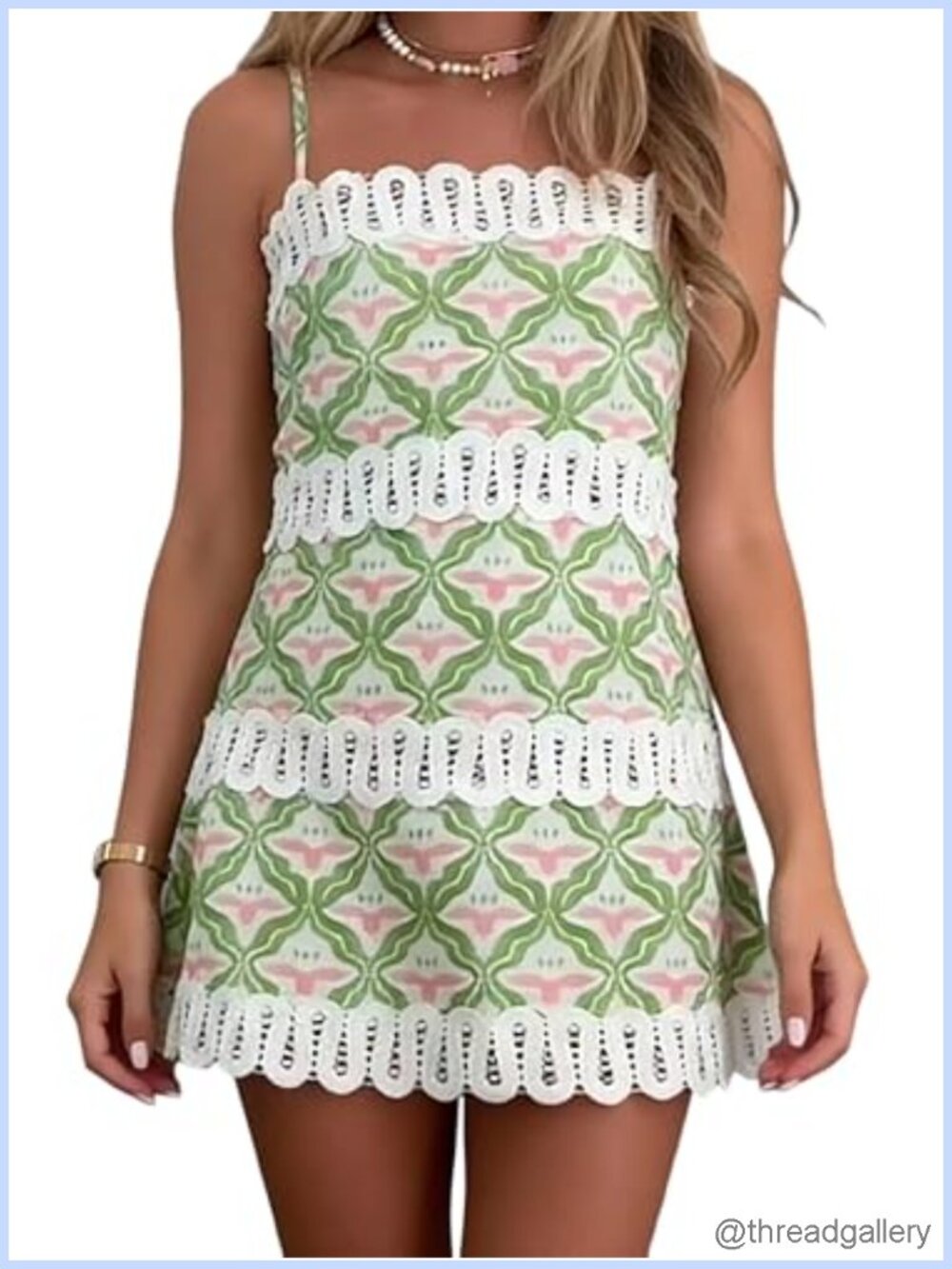 Geometric Print Mini Dress Lace Trim Spaghetti Strap Summer Sundress